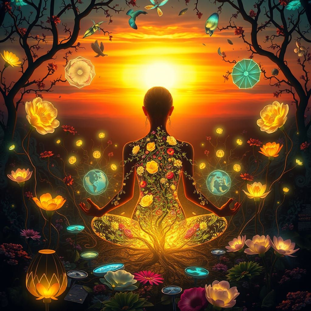 Dreamlike Surrealist Art of Mystical Woman in Sunset Labyrin...