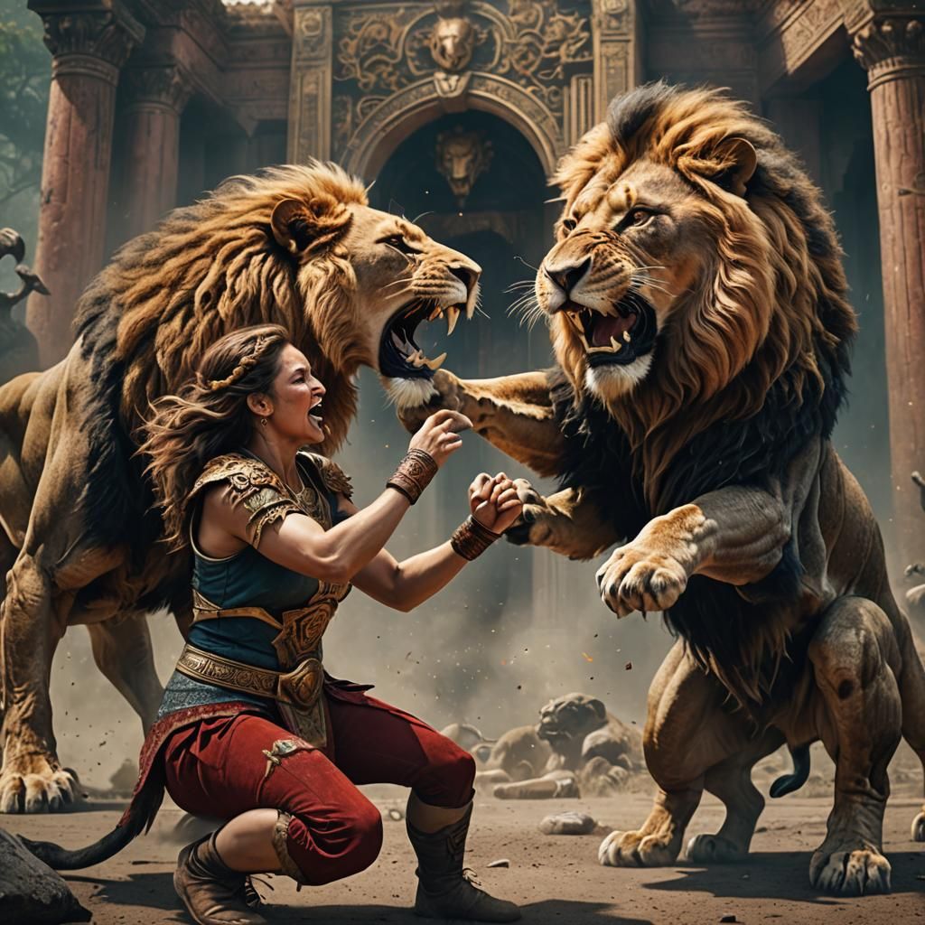 Woman Wrestles Lion in Detailed Matte Painting