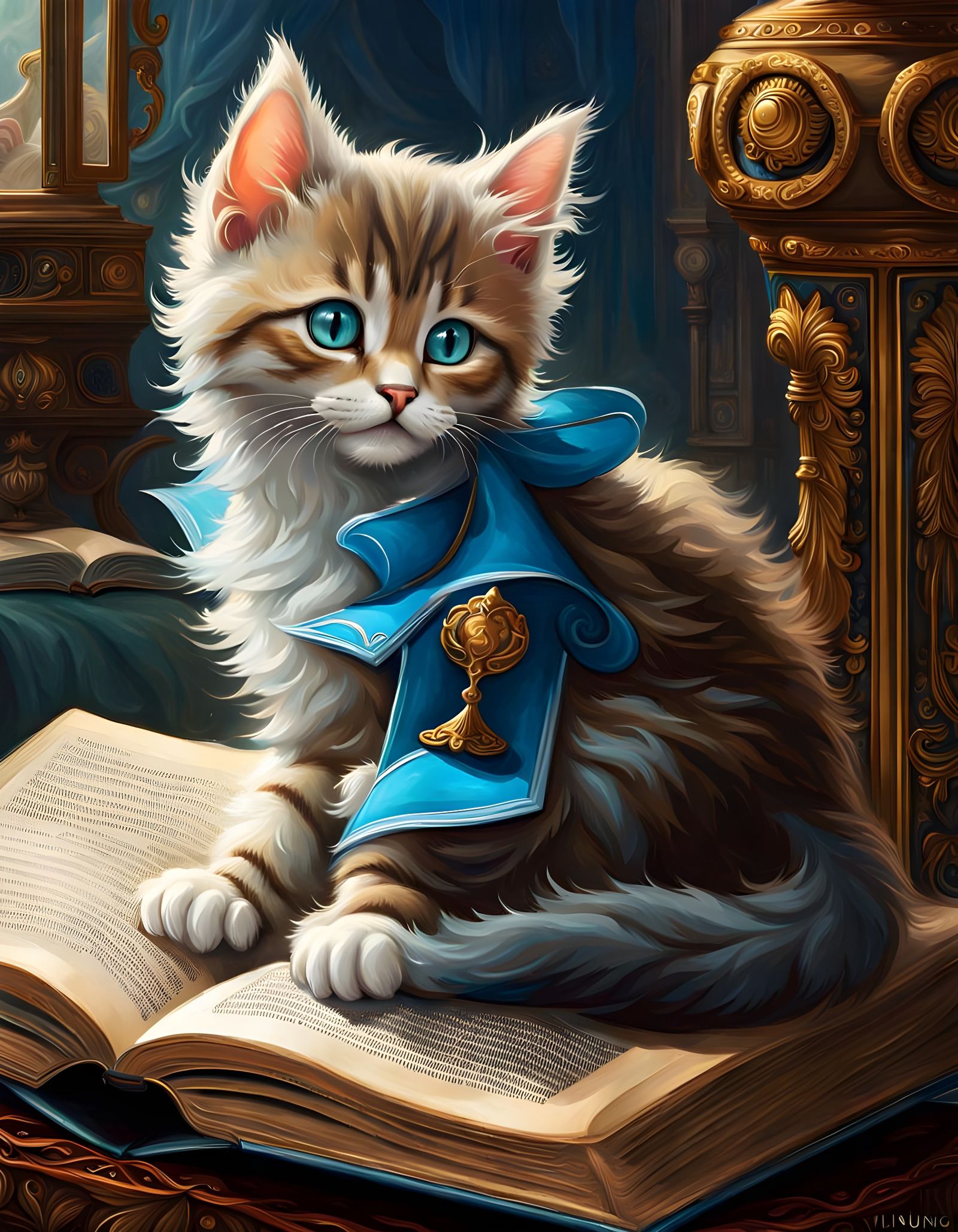 Enchanting Oil Painting of a Kitten Reading a Book in a Maje...