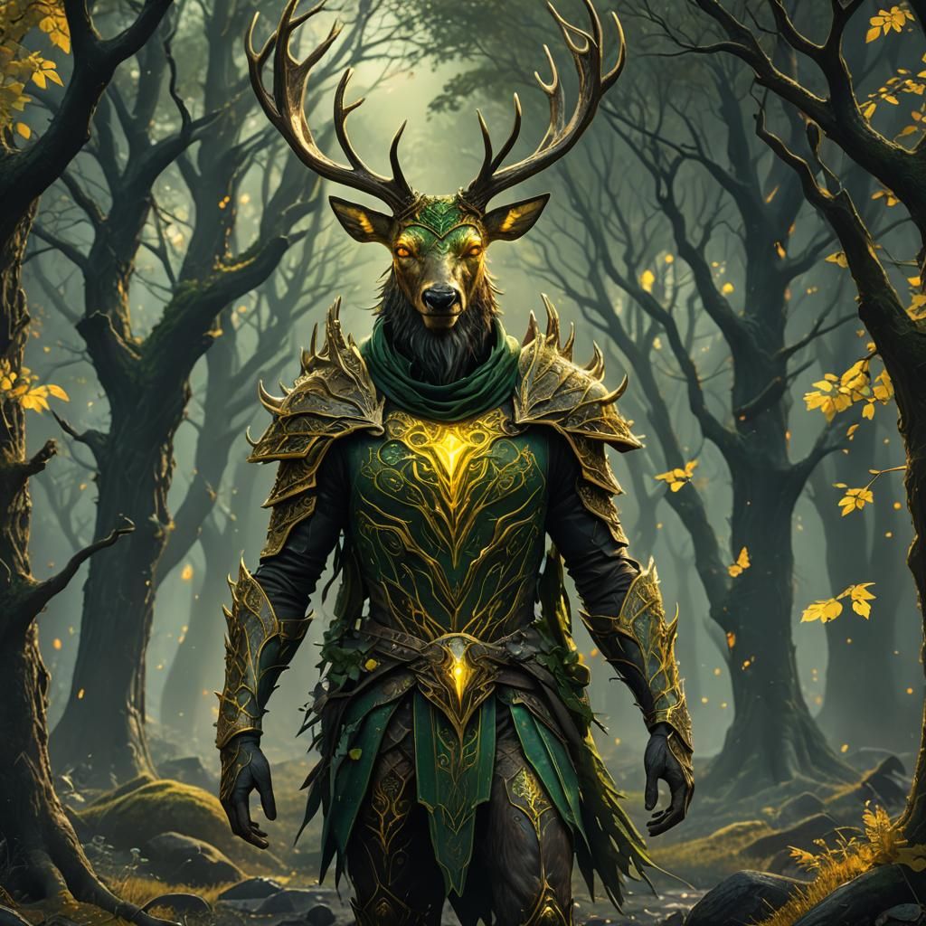 Eerie Humandeer Green Knight with Glowing Eyes
