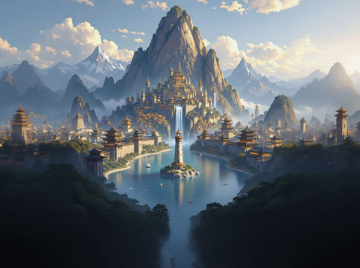 Majestic Ancient Chinese Fantasy City at Mountain Foot