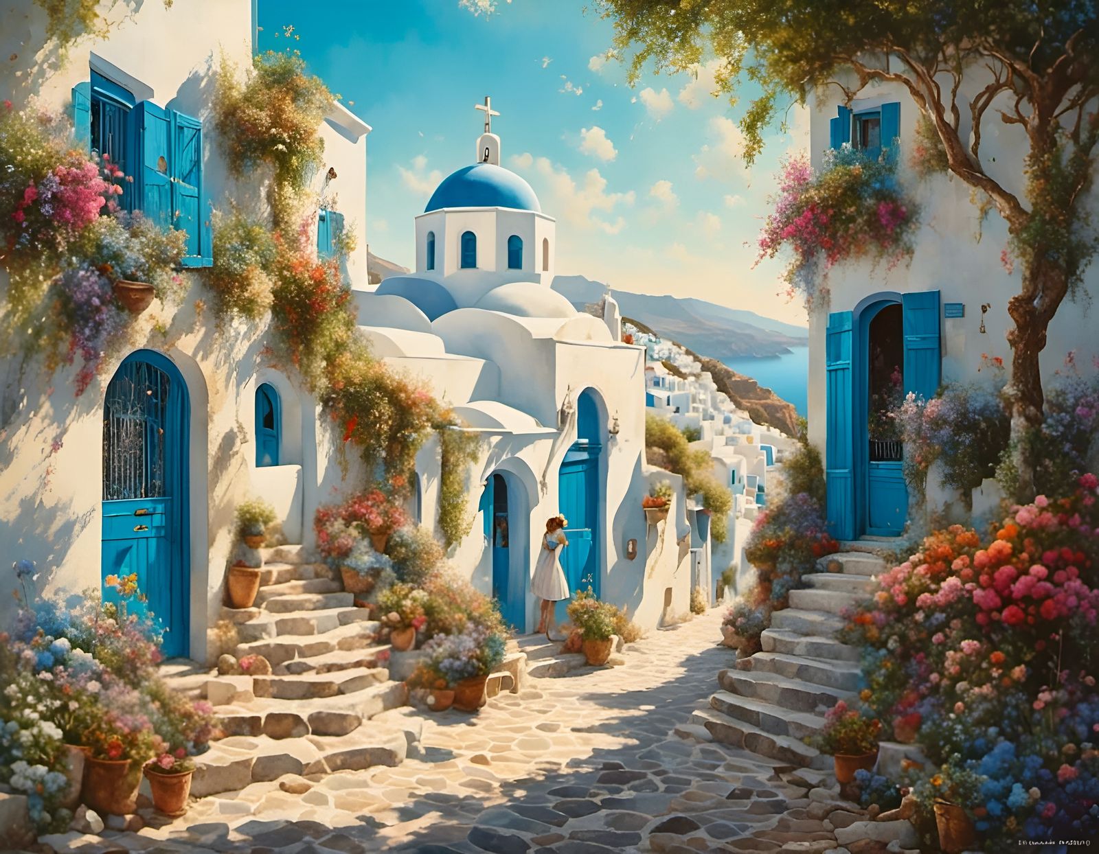 Dreamy Retro Santorini Church Street Scene