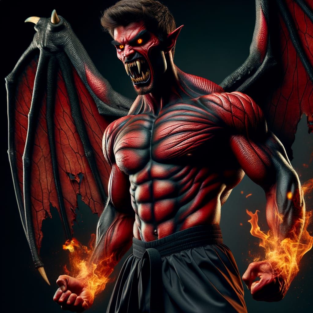 Martial Artist Demon with Crimson Skin and Leathery Wings