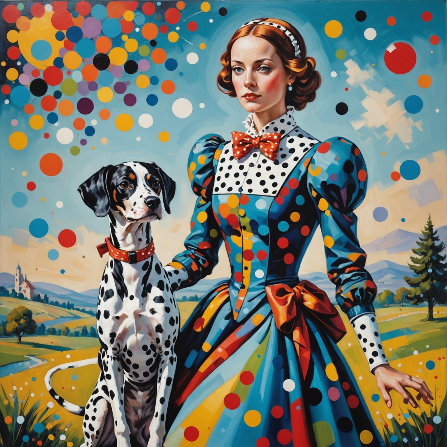 Android Robot and Dalmatian Puppy in Polka Dot Landscape