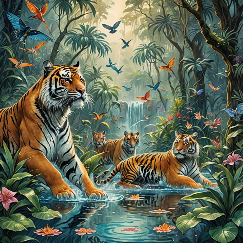 Tigers Bathing in Jungle Lagoon: Colored Pencil Illustration