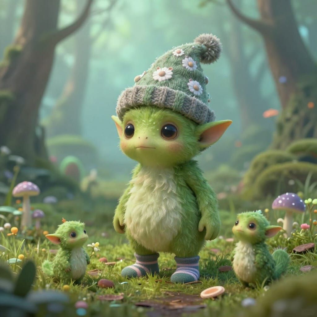 Cute Greeble Creature with Pointed Ears and Sock Hat