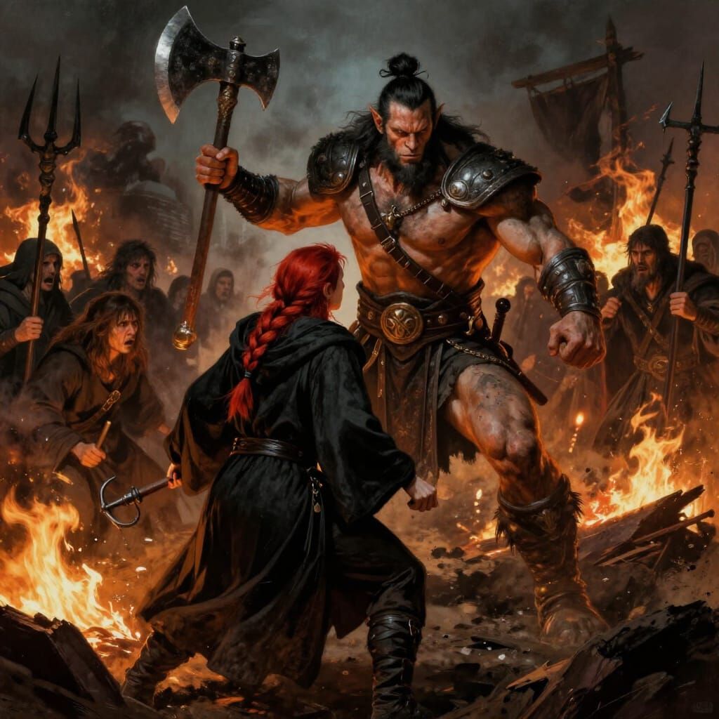 Orc Warlord Defends Villagers on Chaotic Battlefield