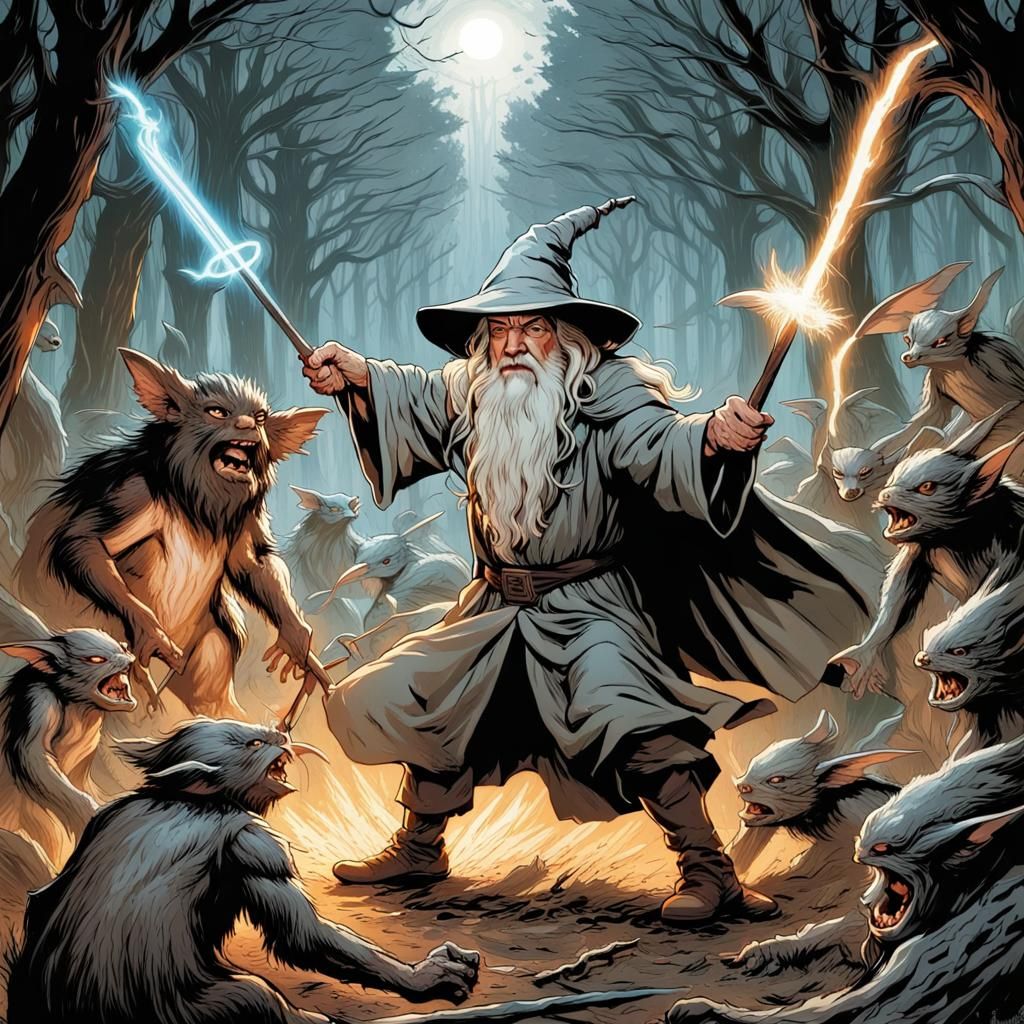 Gandalf Battles Gremlins: Comic Book Art
