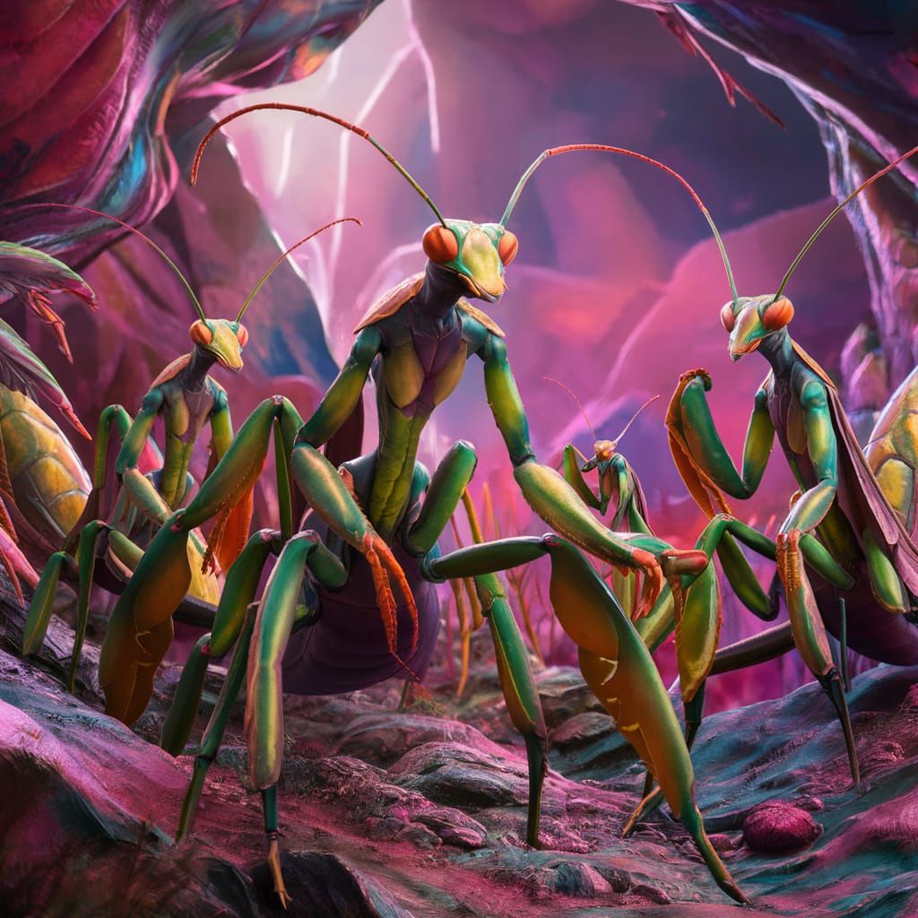 Praying Mantis Barbarians in a Fantastical Landscape