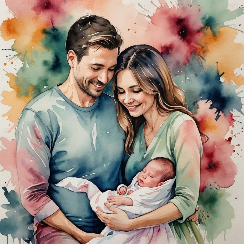 Watercolor Portrait of Couple with Newborn Baby