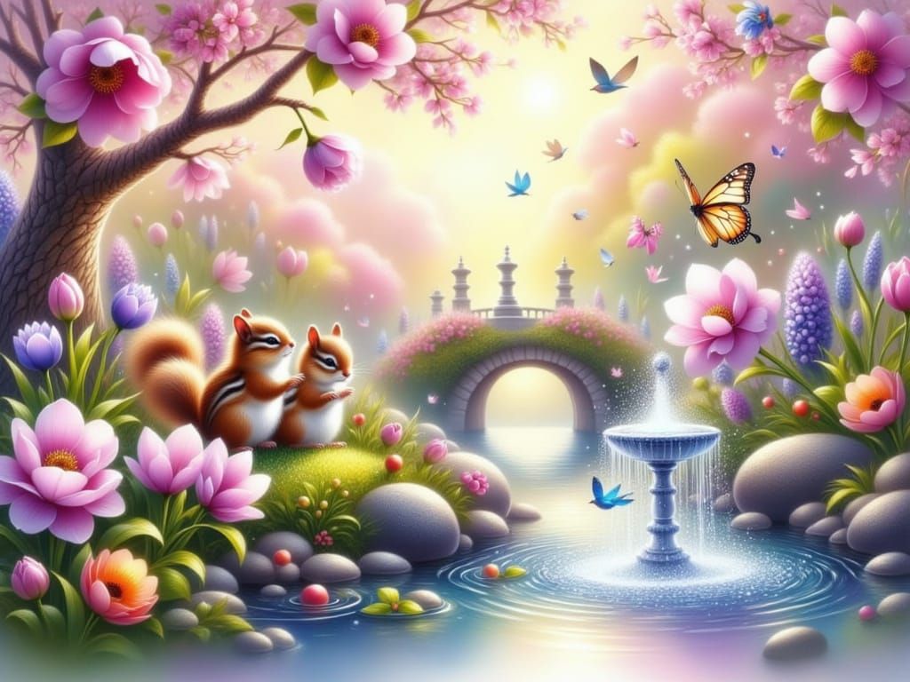 Whimsical Garden Wonderland in Watercolor Style