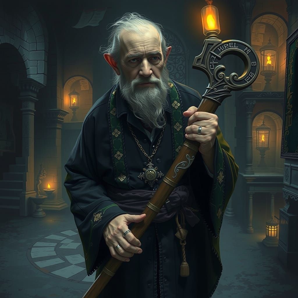 Ancient Sorcerer in a Dimly Lit Mage Tower