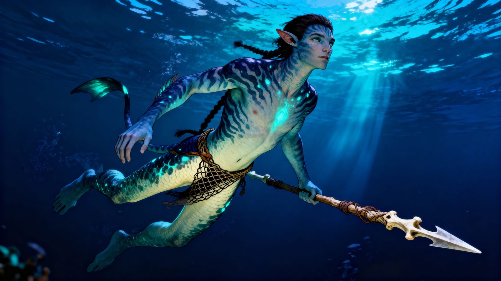Aquatic Sea Elf Warrior Swimming in Deep Ocean