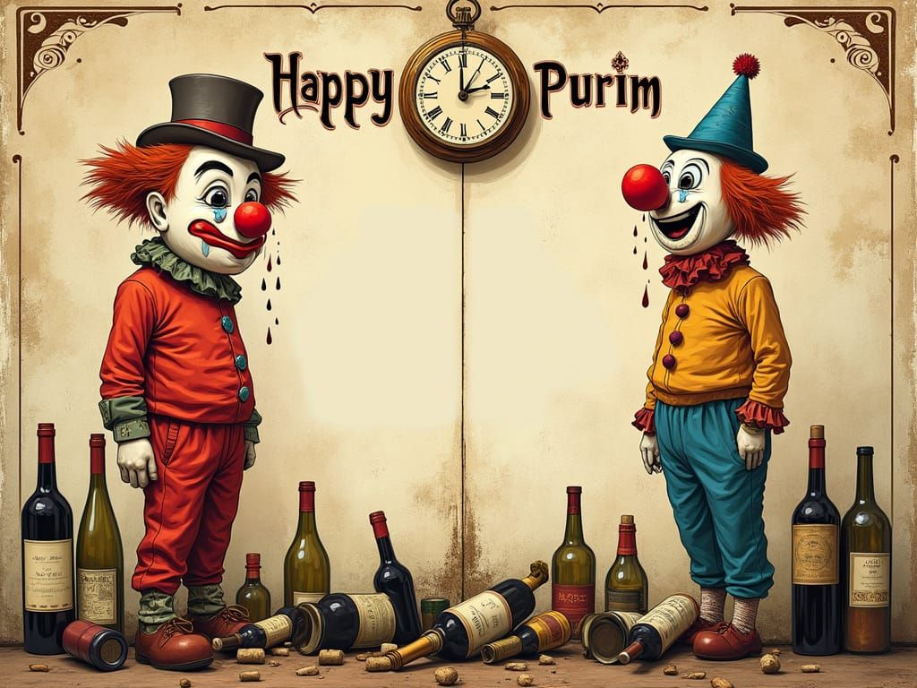 Melancholic Clowns Flanking Wine Bottles in Joyful Carnival ...