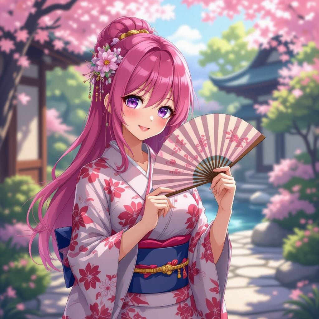 Pink Haired Woman Flirts in Fantasy Garden