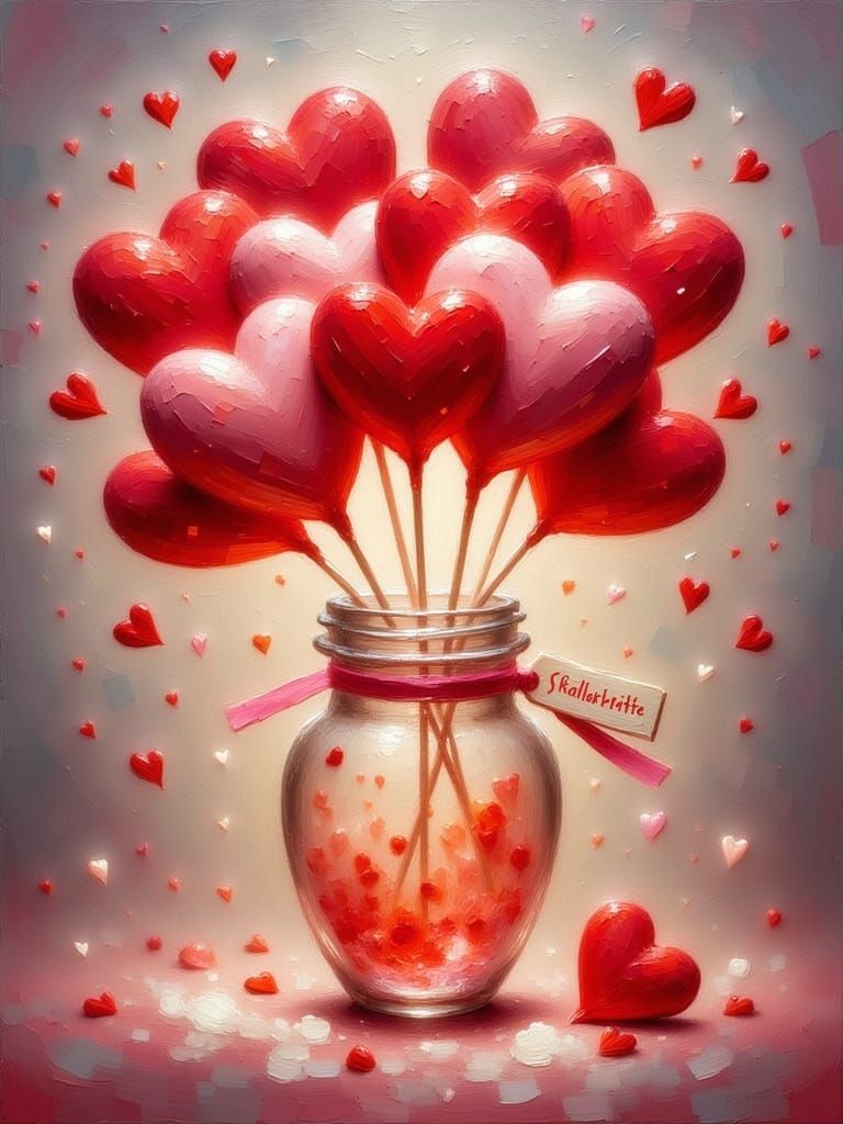 Romantic Realism Painting of Heart-Shaped Lollipops in Cryst...