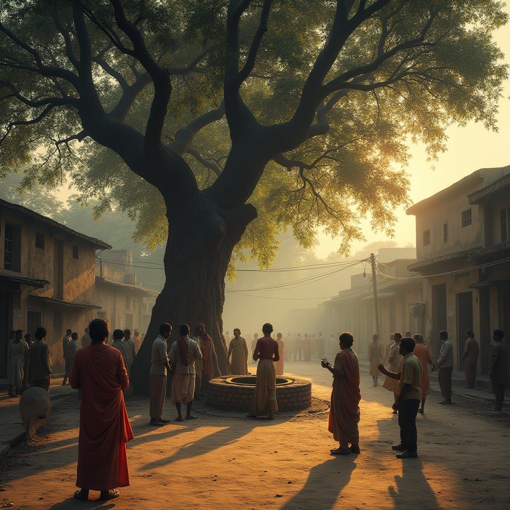 Indian Village Gathering at Dusk, in Desaturated Tones