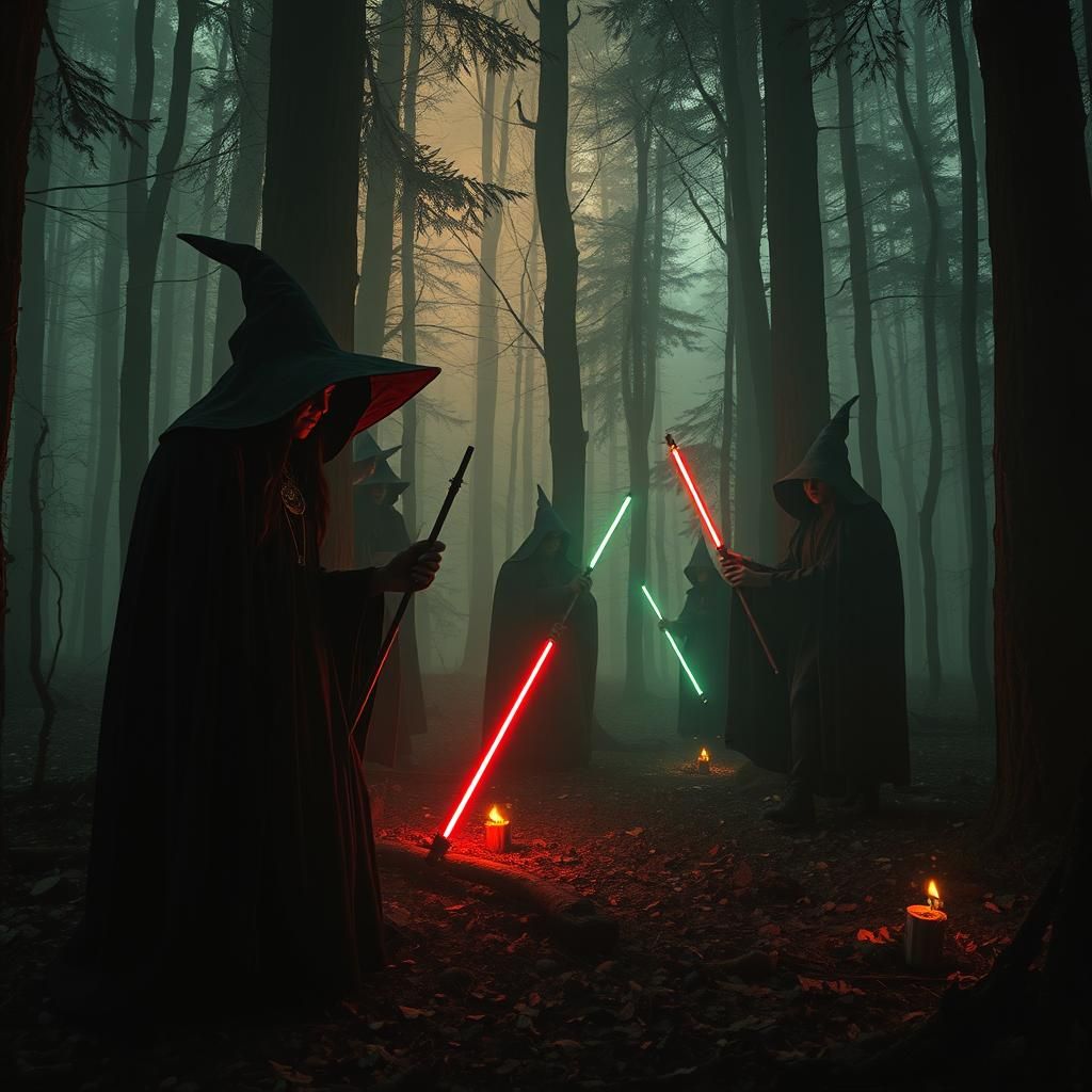 Cyberpunk Witches' Coven in Neon Forest