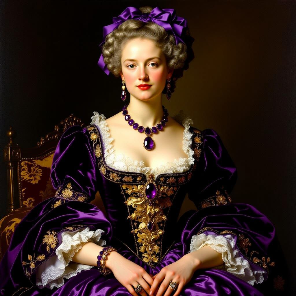 Baroque Duchess Portrait in Velvet Gown with Gold Embroidery