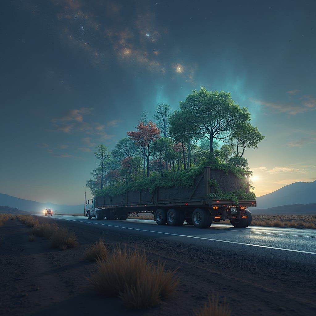 Ethereal Semi-Truck Navigates Cosmic Highway