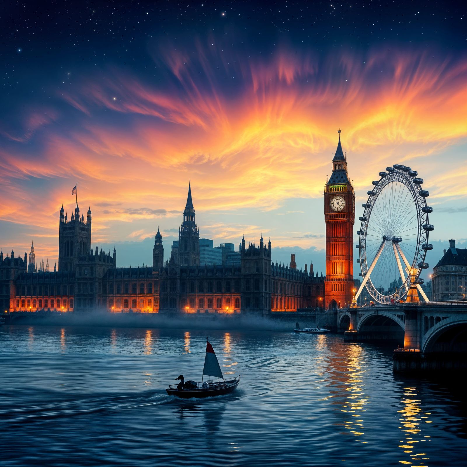London's Twilight Skyline: Houses of Parliament and London E...