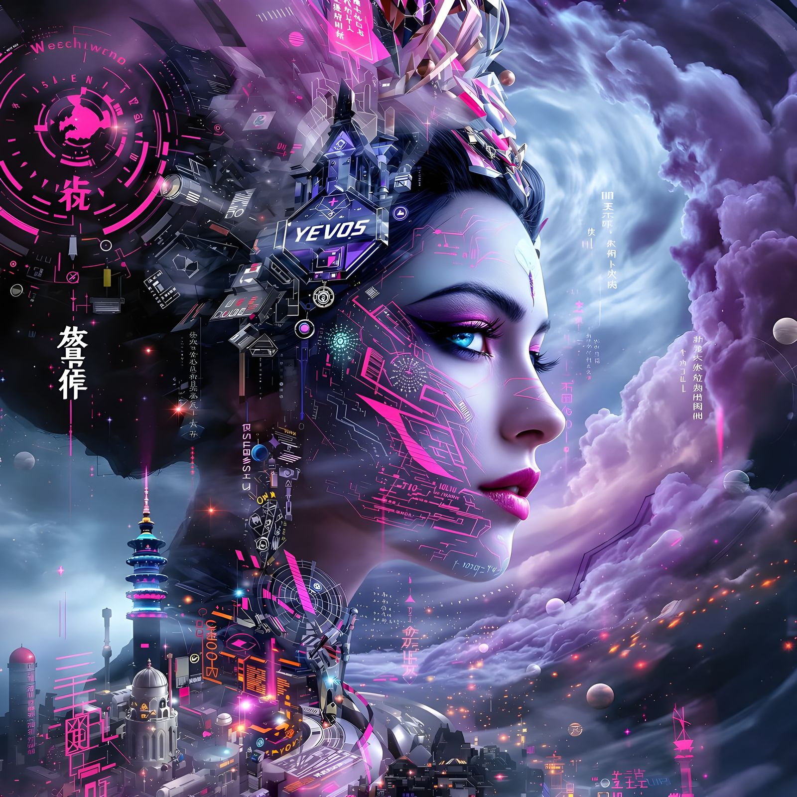 Cyberpunk Geisha in Neon Vortex Double Exposure
