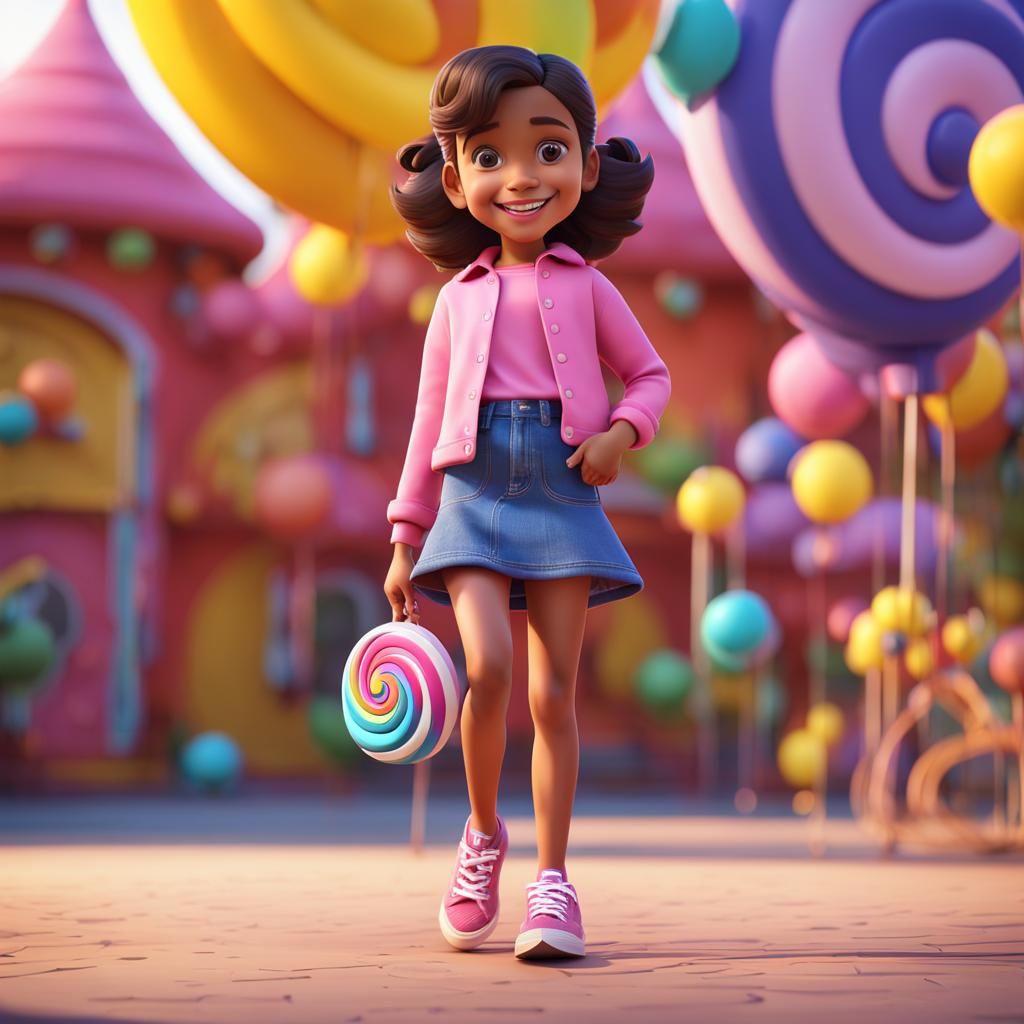 Cartoon Girl with Lollipop in Playground: 3D Digital Art