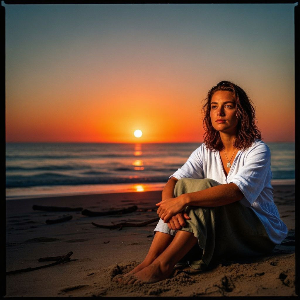 Woman Watching Sunset: Cinematic Film Still