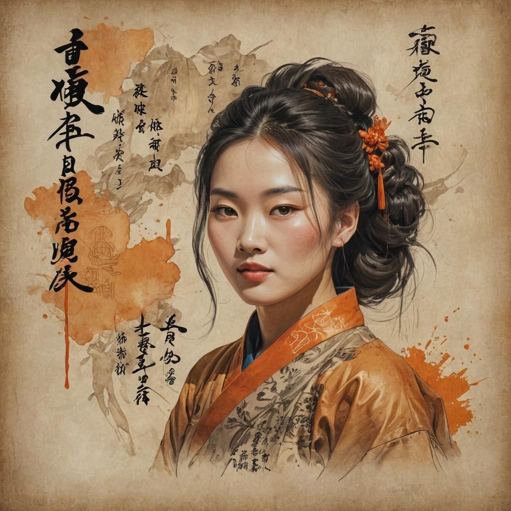 Chinese Woman Portrait in Vintage Ink Painting Style