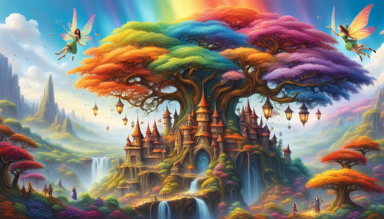 Majestic Regal Fairies with hyperdetailed wispy wings in vibrant rainbow and living  giant life tree village