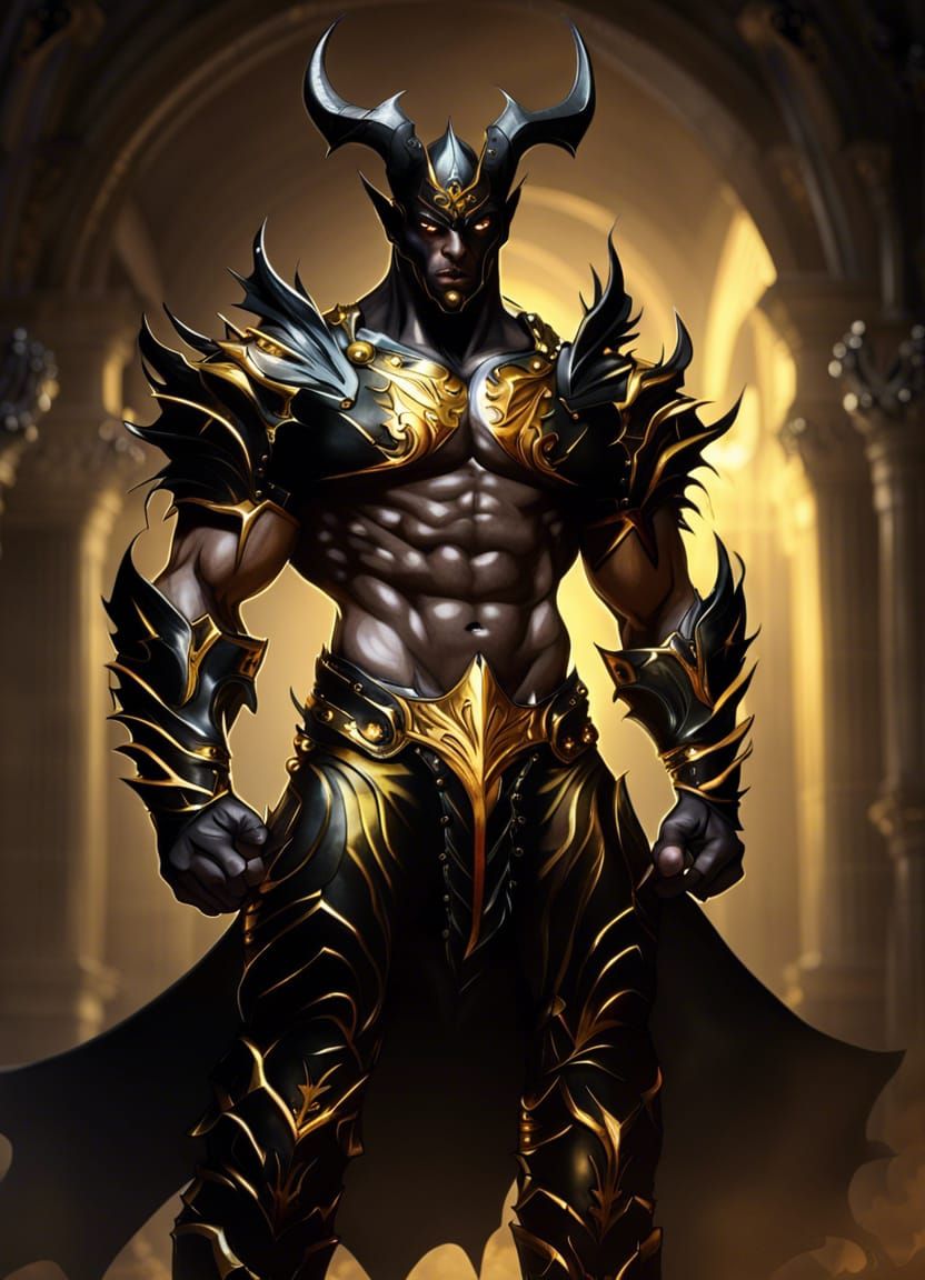 Muscular Demon in Black and Gold Armor