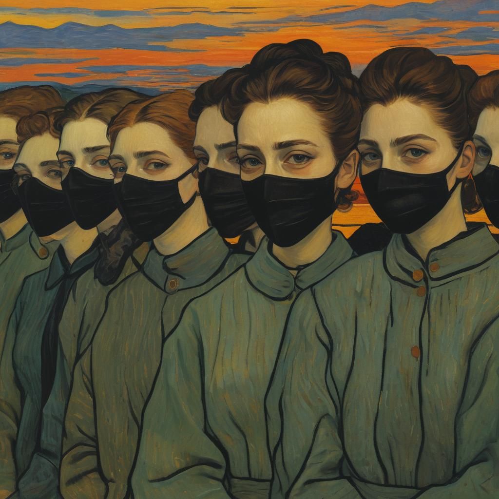 Masked Women at Sunset in Van Gogh Style