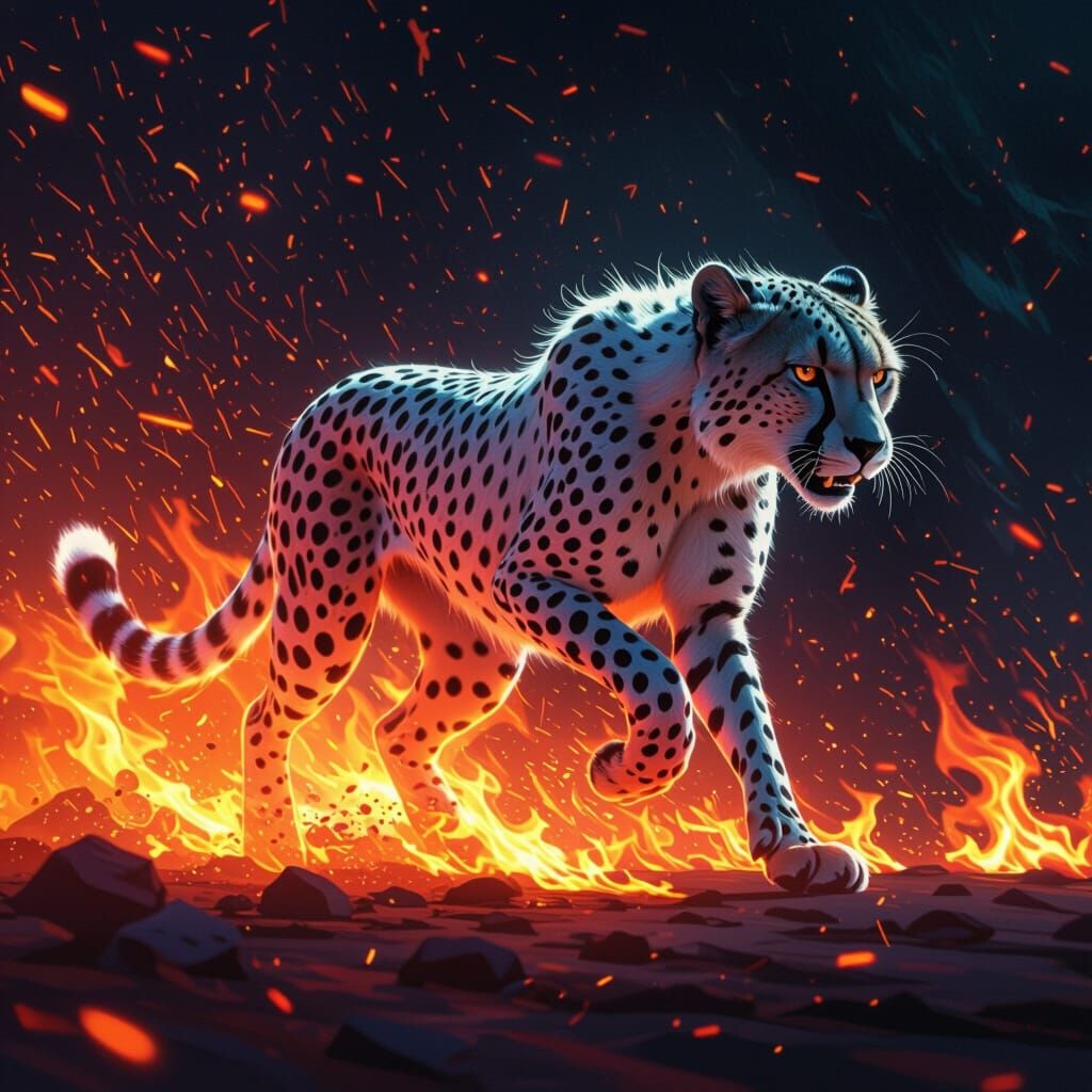 White Cheetah Racing Through Flames in Digital Painting Styl...