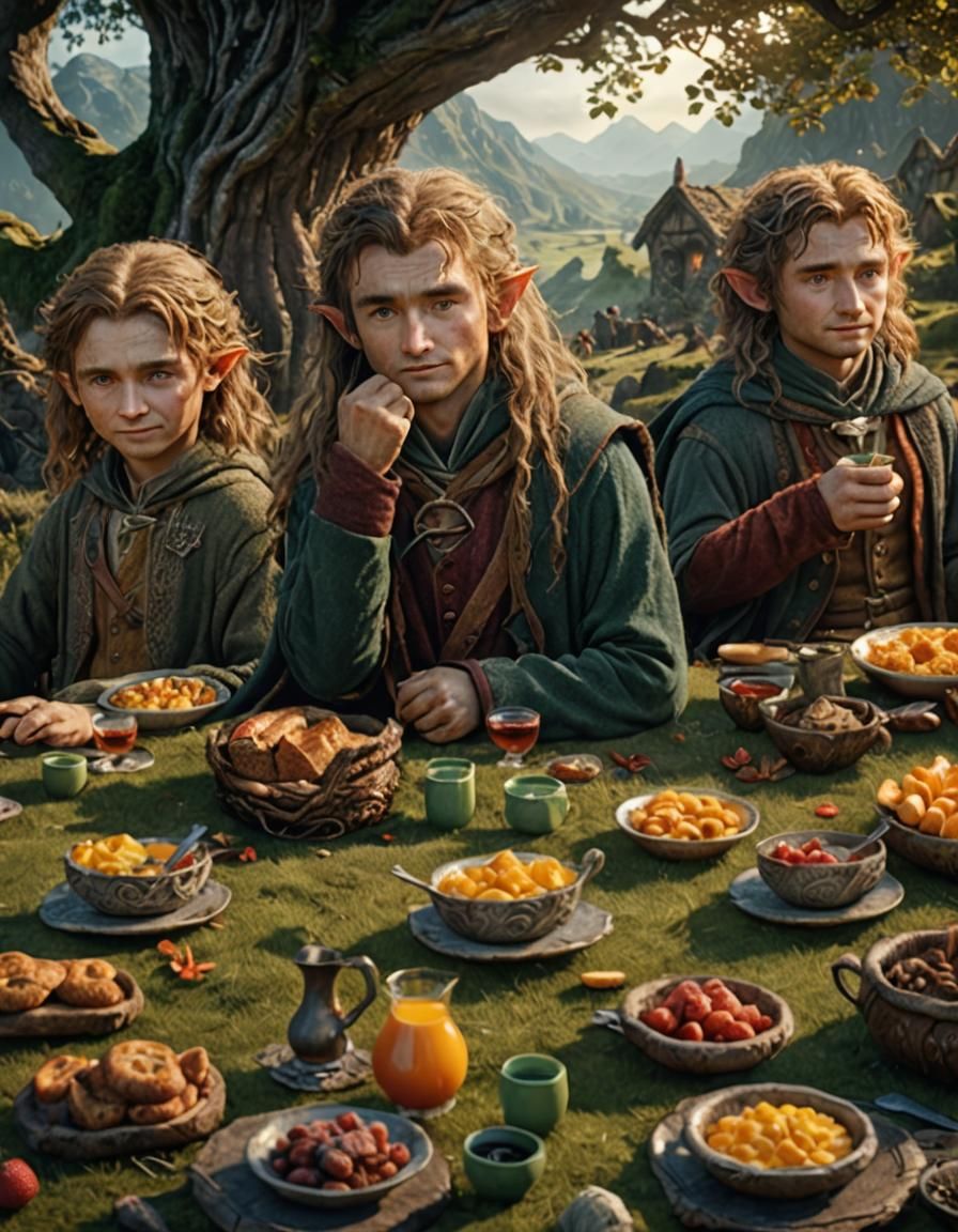 Hobbits Enjoying Second Breakfast: Detailed Matte Painting