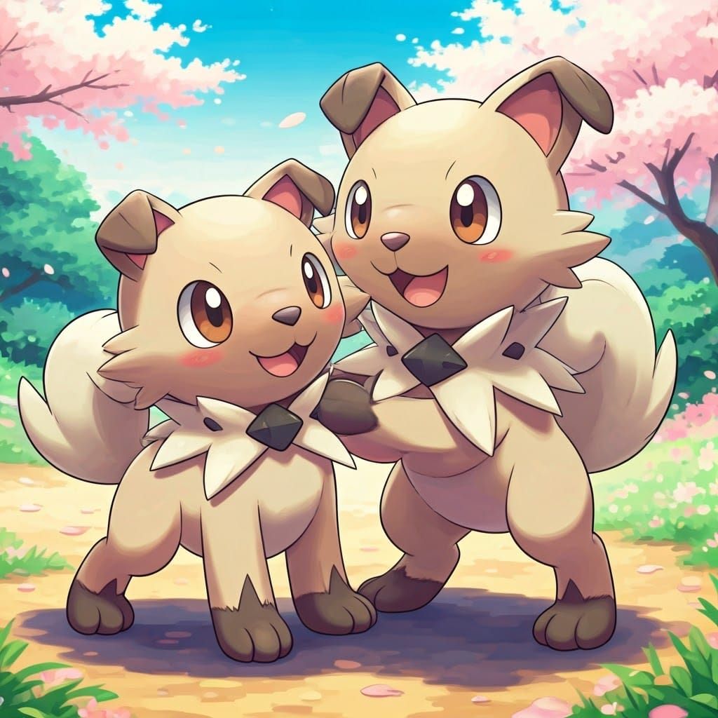 Anime-Inspired Rockruff Pokémon Play in a Serene Japanese Ga...