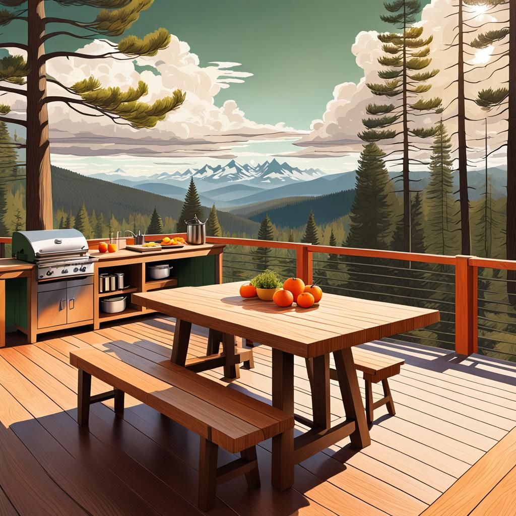 Mountain View Outdoor Kitchen on Deck Illustration