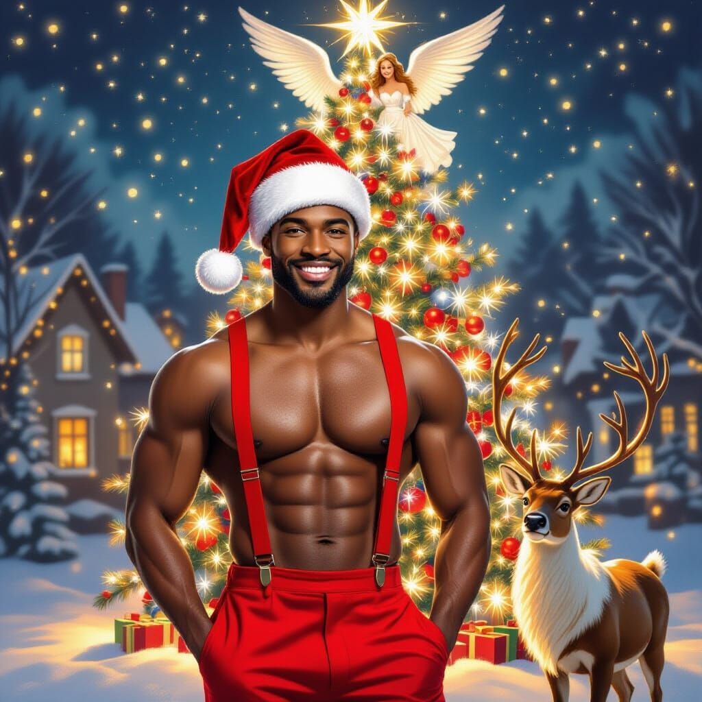 Confident Black Santa with Angel Tree, Painterly Realism