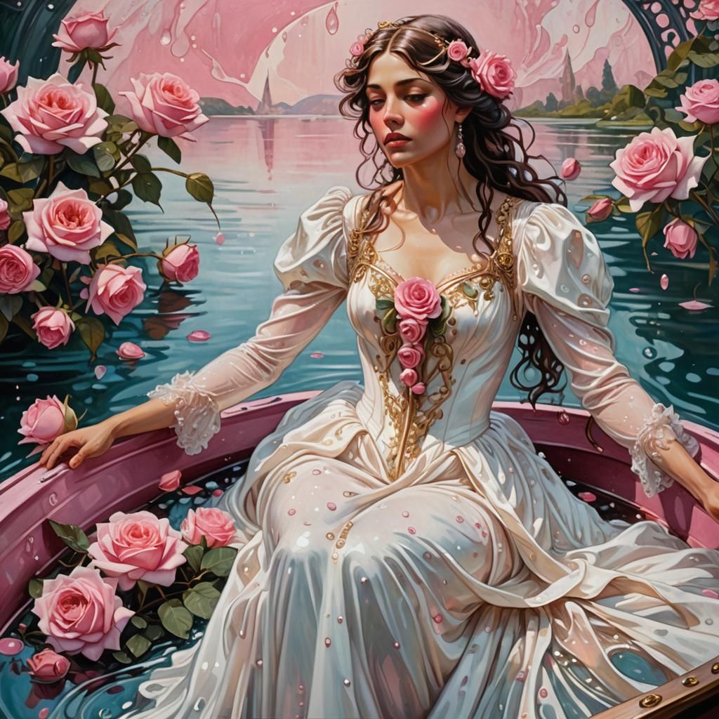 Art Nouveau Woman in Pink Boat with Roses