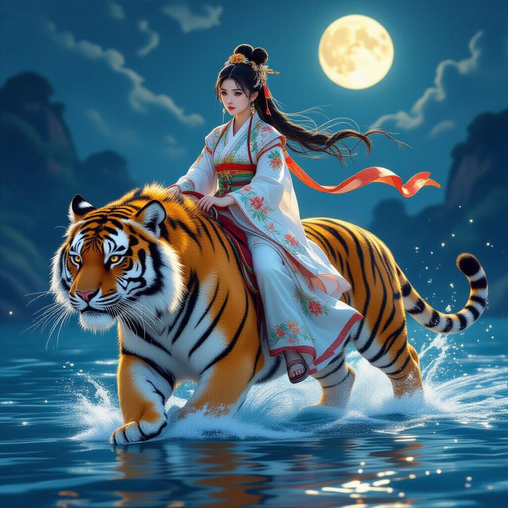 Girl in Hanfu Riding Tiger Under Moonlight