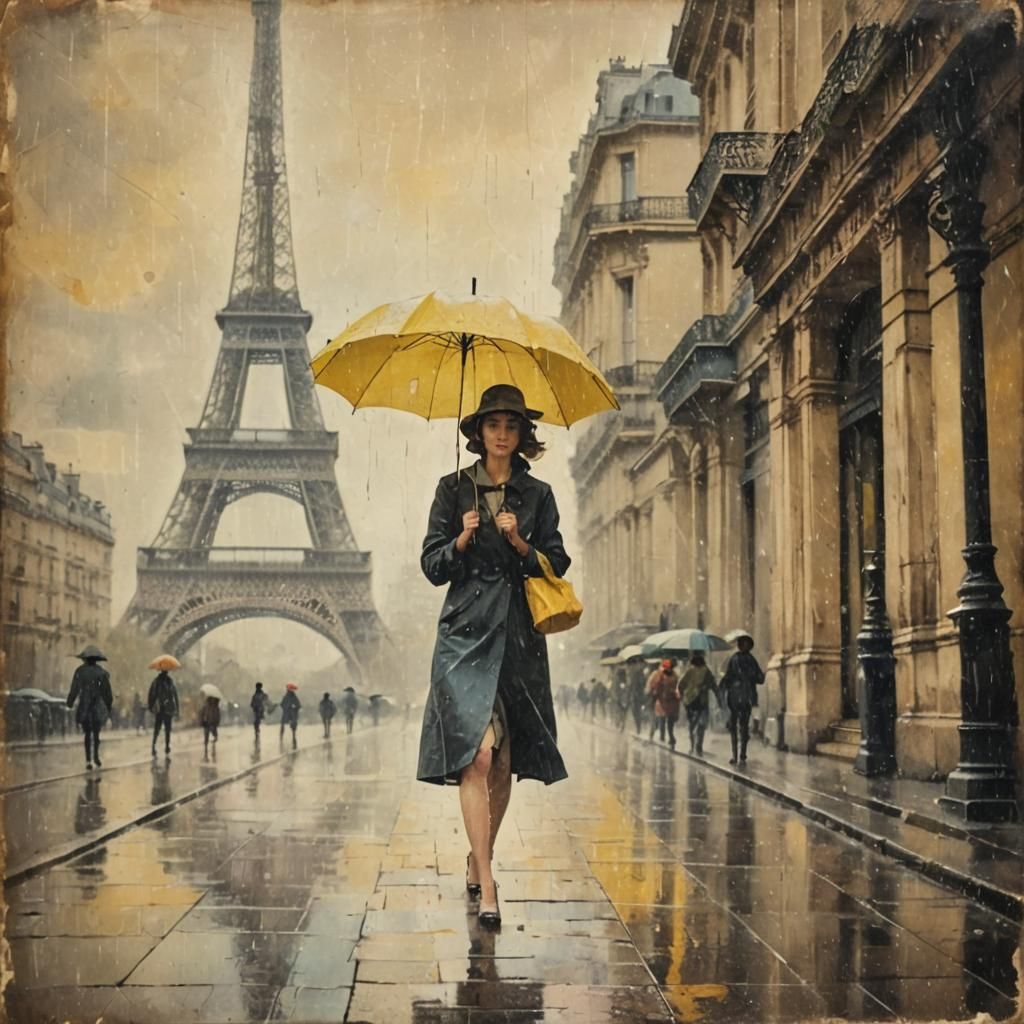 Parisian Woman in Rainy Impressionistic Painting
