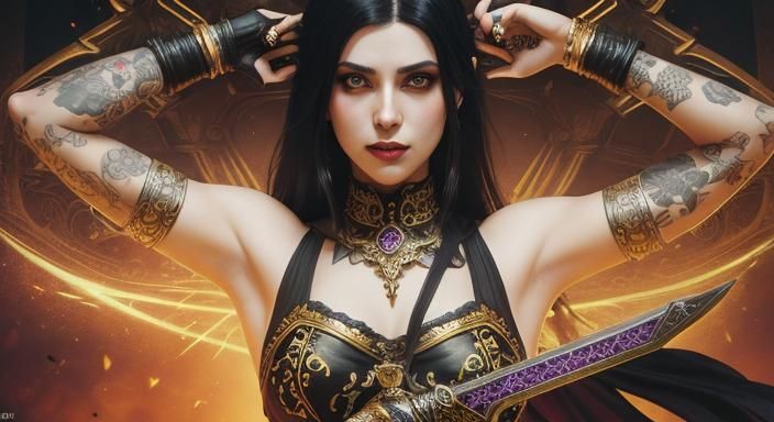 Gothic Dark Fantasy Woman with Sword in Neon Style