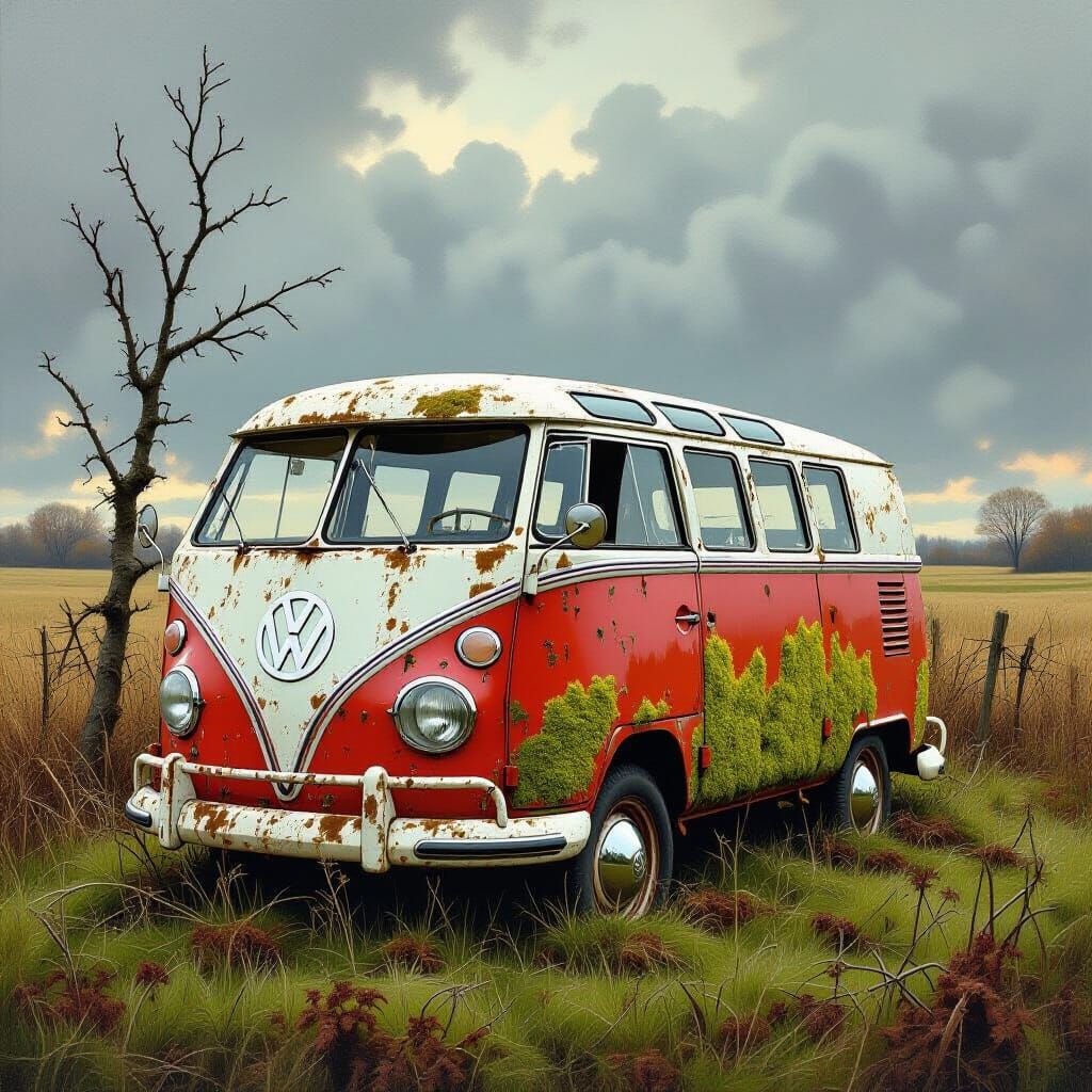 Moss-Covered VW T2 Wreck in Overgrown Field Oil Painting