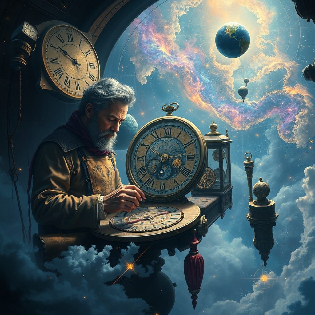 Celestial Clockmaker's Cosmic Workshop in Hyperrealism