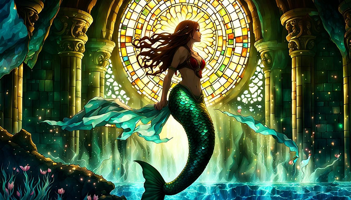 Ethereal Mermaid in Underwater Mosaic Tile Mural