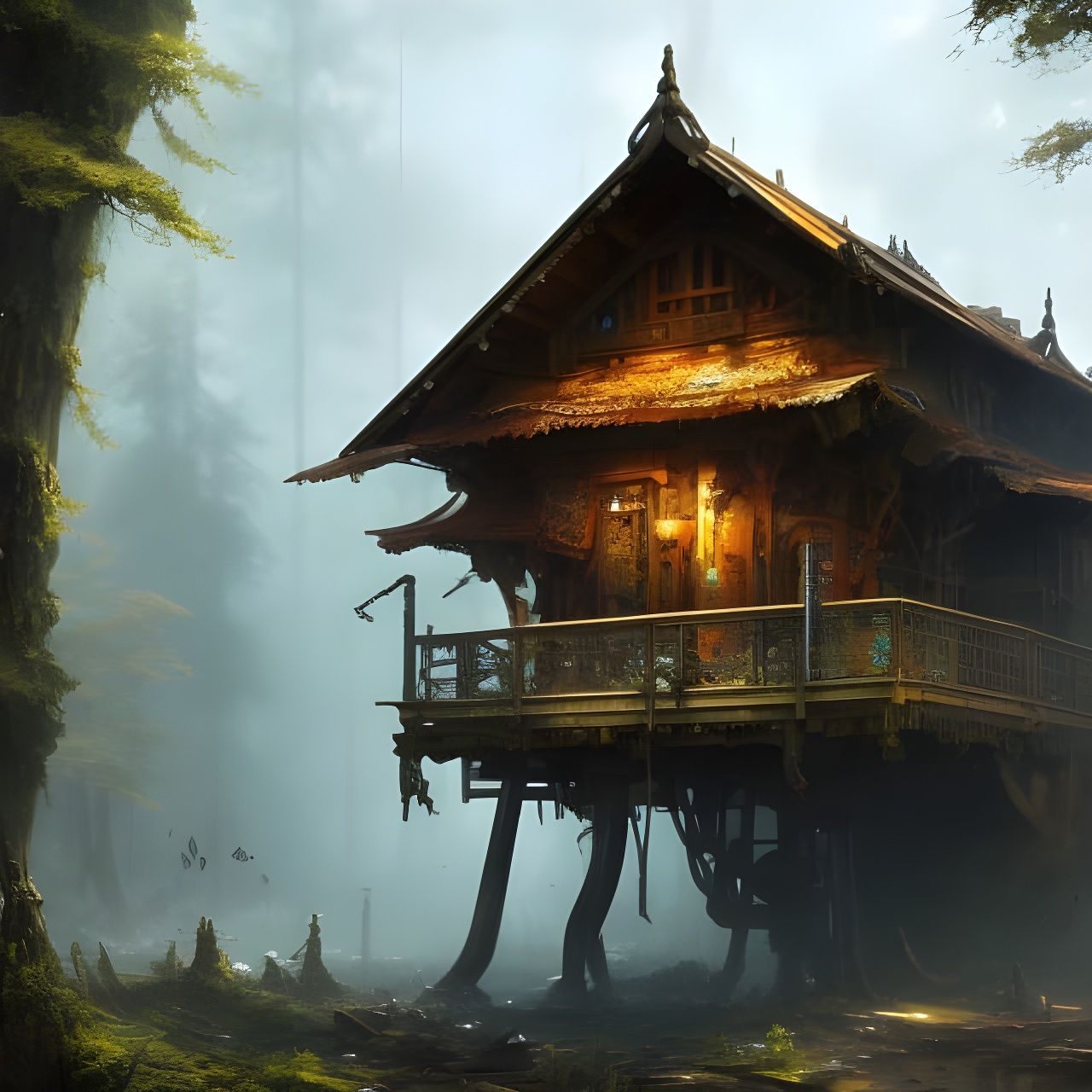 Steampunk Forest Hut in Dark Fantasy Style