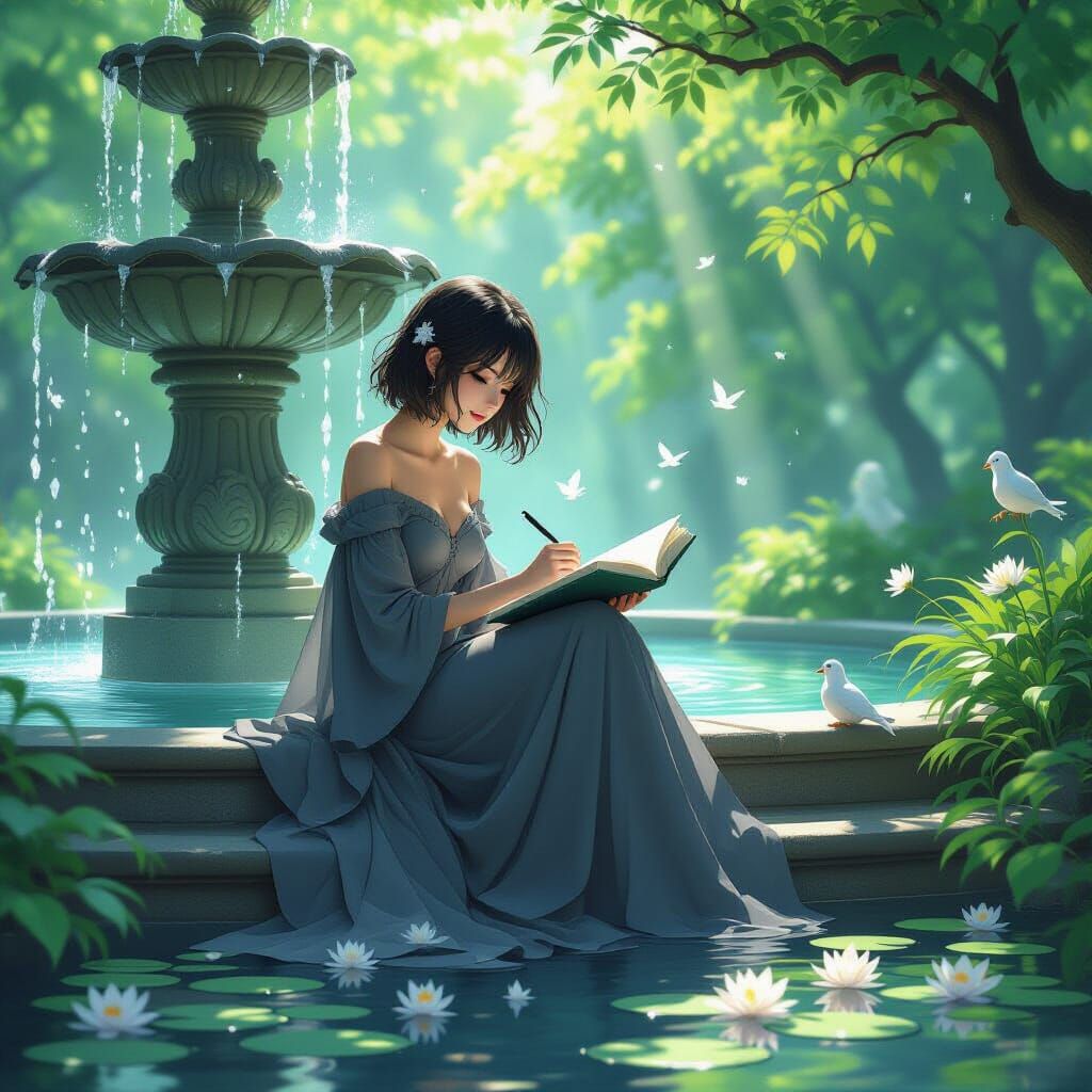 Woman Writing by Fountain in Anime Key Visual Style