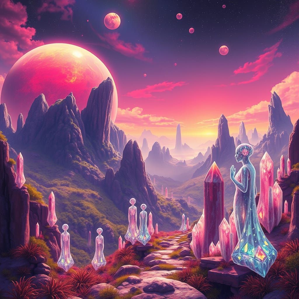 Ruby Planet with Crystal Inhabitants in Vibrant, Ethereal La...