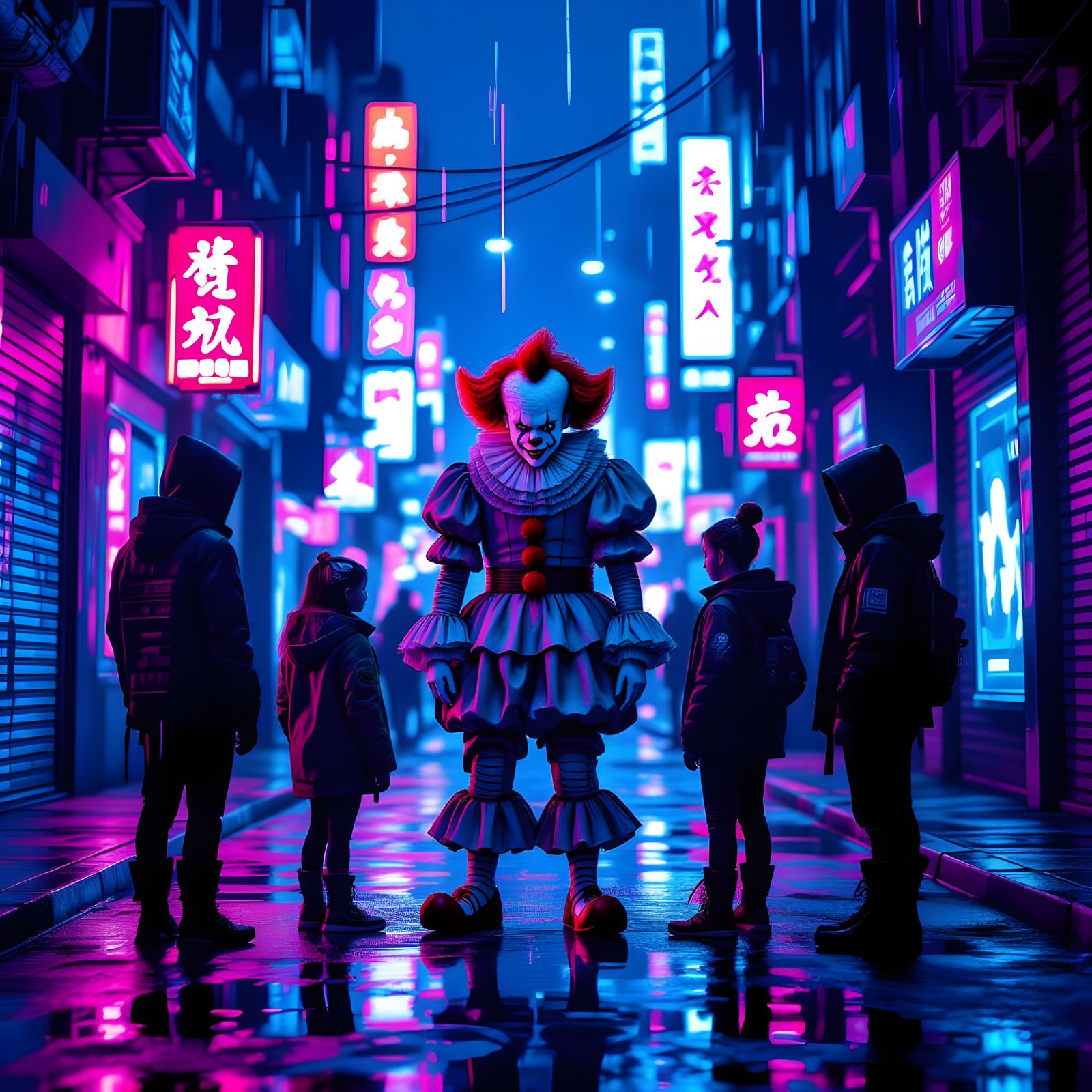 Pennywise Clown Battles Cyberpunk Kids in Neon City