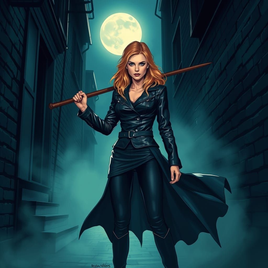 Heroic Vampire Slayer in Dark Alleyway, Gothic Cyberpunk Sty...