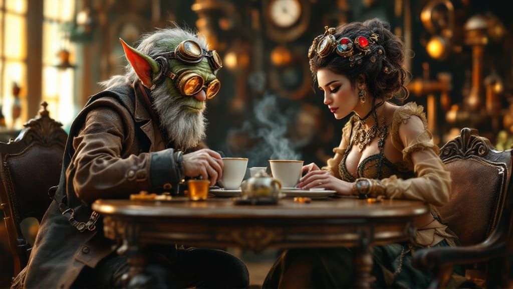 Steampunk Tea Party with Engineer and Goblin in 3D